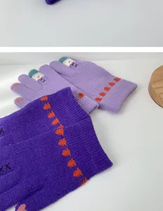 Winter cute purple knitted touchscreen gloves for women warm thick woolen mittens detail view