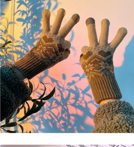 Winter warm knit touchscreen gloves with cute snowflake pattern, cozy and stylish outdoor wear.