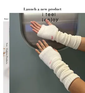 White knitted arm warmers fingerless gloves cute plush winter sleeves for women!
