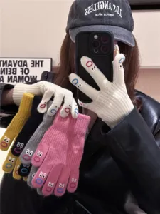 Cute winter knitted gloves for women touchscreen warm thick cute expression design stylish