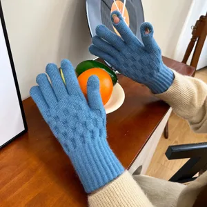 Women's Japanese retro knitted warm wool gloves winter touch screen fingerless blue stylish
