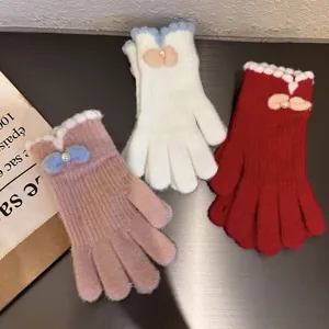 Guanti in maglia con elegante fiocco per donna, guanti invernali caldi a cinque dita.