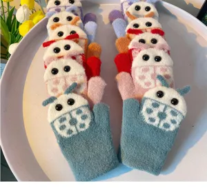 Cute cartoon ladybug kids winter knit mittens thick warm full coverage gloves for boys and girls