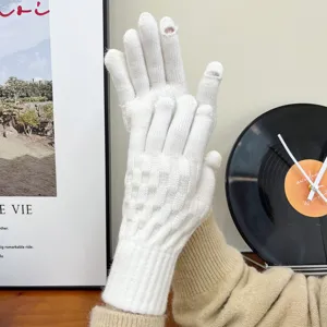 White knitted winter gloves for women, vintage touch screen fingerless design, warm wool detail.