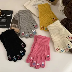 Cute winter knit gloves for women, warm touch screen friendly mittens with lovely face embroidery.