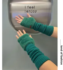 Green knitted half finger arm sleeves winter warm long gloves cozy fleece cuffs for women