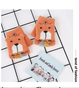 Children cute cartoon bear knit flip half finger gloves warm winter kids accessory detail