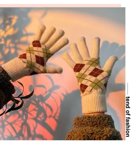 Guanti caldi da donna in maglia a rombi in stile giapponese autunno inverno touch screen