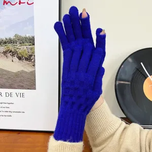 Women winter blue knitted fingerless touchscreen gloves warm retro thermal handwear