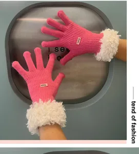 Women winter thick warm knit gloves with fluffy cuffs pink touch screen knit mittens