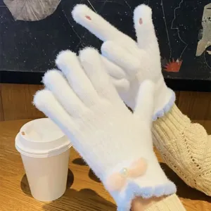 Simpatici guanti in maglia con fiocco da donna, guanti invernali caldi touch screen con peluche.