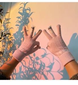 Pink knit touch screen gloves for women winter cute cat finger warm thermal style design