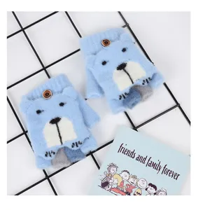 Kids Winter Knit Flip Top Half Finger Gloves Cute Blue Bear Mittens Warm Toddler