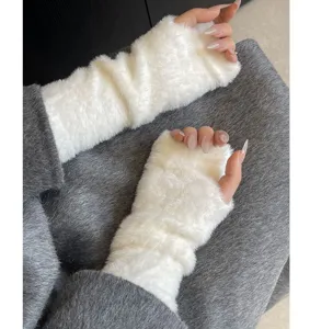 White plush arm warmers long fingerless gloves winter warm knitted fleece sleeves for women