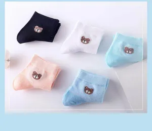 Women summer breathable mesh cotton socks with cute bear embroidery, 5-pack cute ankle socks.