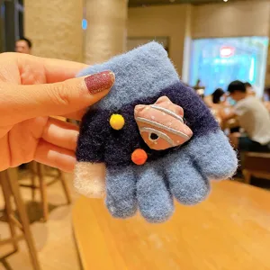 Cute toddler winter knit gloves with cartoon applique, warm five-finger design for babies 1-3 years old