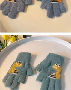 Kids winter warm half-finger knit gloves cute dinosaur design comfortable children wear mittens