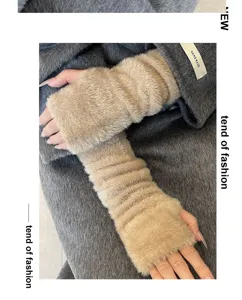 Fuzzy knitted arm warmers winter long fingerless gloves soft cozy sleeves for women khaki