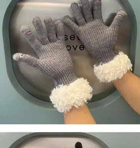 Women winter knit touchscreen gloves with plush cuff grey warm thick fleece mittens