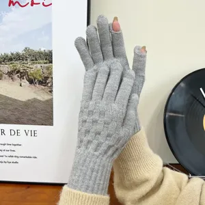 Grey knitted fingerless touch screen gloves, warm winter women vintage thermal mittens.