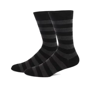 Men's striped long dress socks, classic black and grey color block, comfortable cotton fabric.