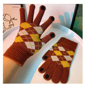 Guanti lavorati a maglia touchscreen con motivo a rombi, morbida fodera per l'inverno.