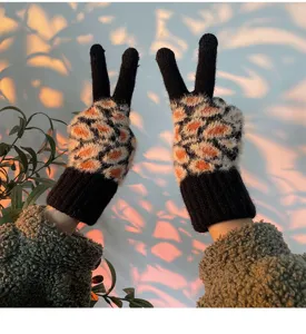 Warm winter leopard print knit touch screen gloves for women, fleece lined thick full finger.