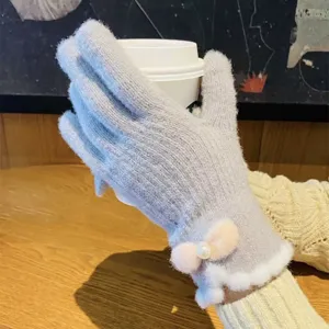 Guanti in maglia con fiocco donna autunno inverno caldi touchscreen cinque dita.