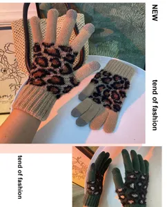 Leopard print knit touchscreen gloves for women winter warm thick thermal driving gloves