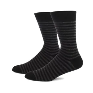 Men's black and grey striped long dress socks, casual business cotton socks detail.