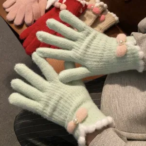 Guanti in maglia con fiocco da donna, guanti invernali caldi a cinque dita con perle.