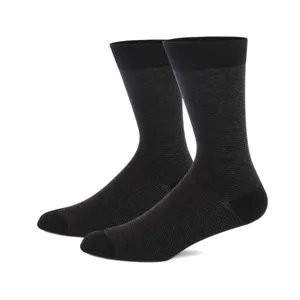 Detailed view of men's striped dress socks in black and grey, featuring reinforced black toes.