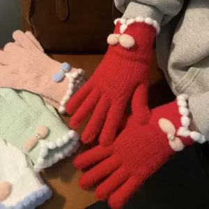 Guanti invernali in maglia da donna touchscreen carino fiocco perla guanti caldi termici