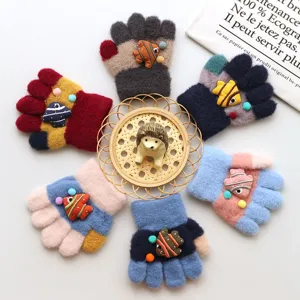 Cute baby winter knit gloves with 5 fingers and lovely fish plush decoration for toddlers.