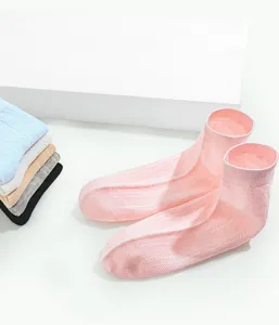 Detailed view of breathable mesh ankle socks, thin summer solid color cotton socks for women.