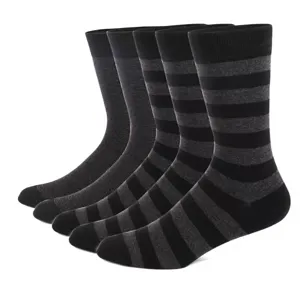 Men's long dress socks feature classic stripe patterns in black and grey for daily business wear.