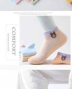 Gros plan sur des chaussettes courtes en maille respirante avec motif d'ours mignon.
