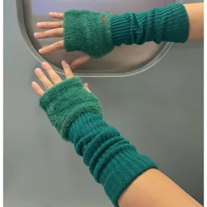 Women Winter Knitted Acrylic Arm Sleeves Long Fingerless Gloves Sweet Heart Decor Warm Thermal Accessories