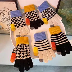 Women Winter Warm Knit Gloves Touch Screen Houndstooth Plaid Striped Color Block Cute Acrylic Gloves For Cycling Daily Wear