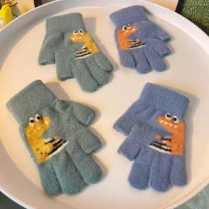 Kids Winter Thickened Knit Gloves Children Warm Half Finger Writing Gloves Cute Cartoon Dinosaur Design Student Gloves