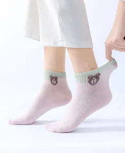Femmes mignon ours brun brodé chaussettes courtes en maille respirantes été rose
