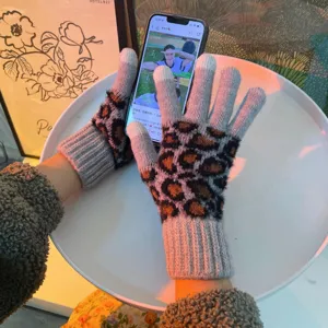 Women Winter Warm Acrylic Knitted Gloves Leopard Print Touch Screen Fleece Lined Full Finger Thermal Gloves