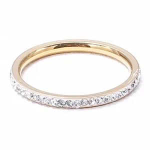 Nahaufnahme eines minimalistischen 2mm Gold-Titanstahlrings mit funkelnden Strasssteinen.