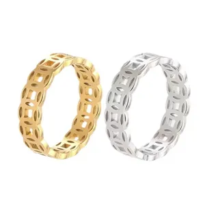 Close-up detail of stainless steel hollow copper coin rings in gold and silver colors.