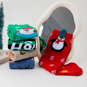 Cute Christmas cotton mid-calf socks for women featuring festive cartoon winter patterns.