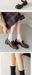 Detail shot of Japanese JK style frilly socks with lettuce edge, stacked design for women.