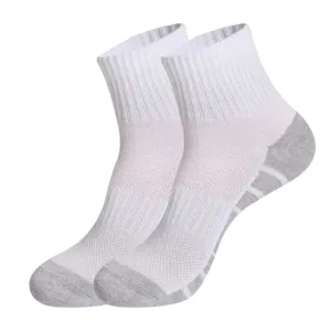 Detailed view of white athletic socks with grey towel bottom, cushion and breathable mesh.