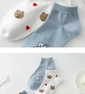 Close-up details of cute cartoon bear pattern short socks, soft cotton material, breathable style.