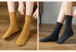 Detail view of thick thermal solid color mid-calf cotton socks for winter warmth and daily comfort.