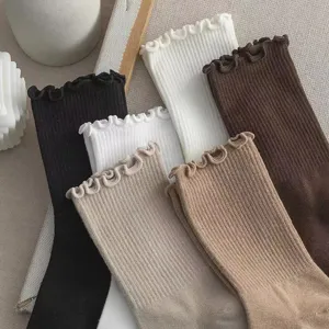 Cotton lettuce edge mid-tube stacking socks Japanese JK style cute women socks for spring autumn
